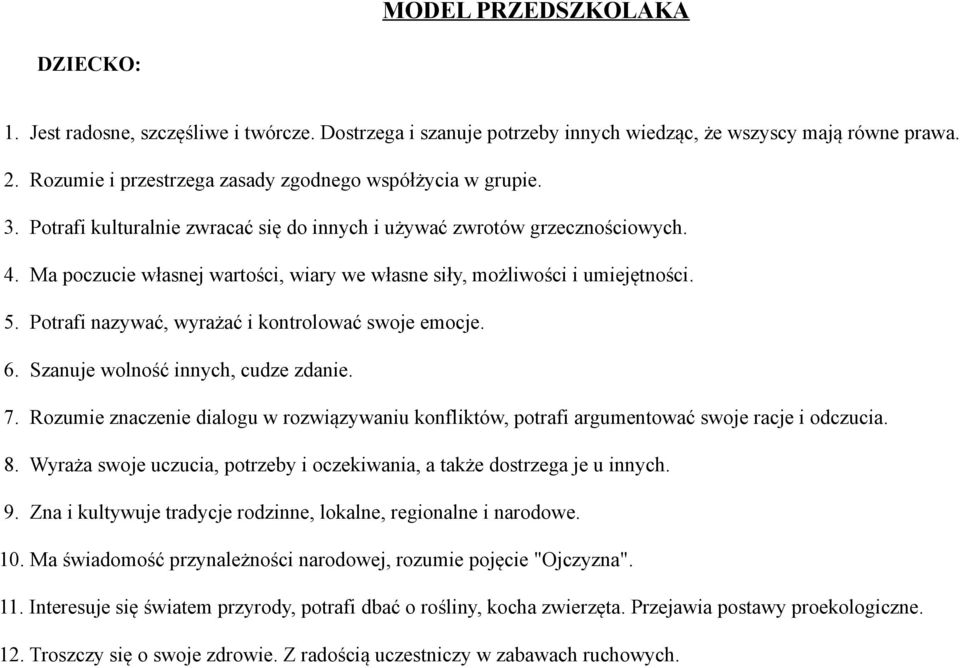 Ma poczucie własnej wartości, wiary we własne siły, możliwości i umiejętności. 5. Potrafi nazywać, wyrażać i kontrolować swoje emocje. 6. Szanuje wolność innych, cudze zdanie. 7.