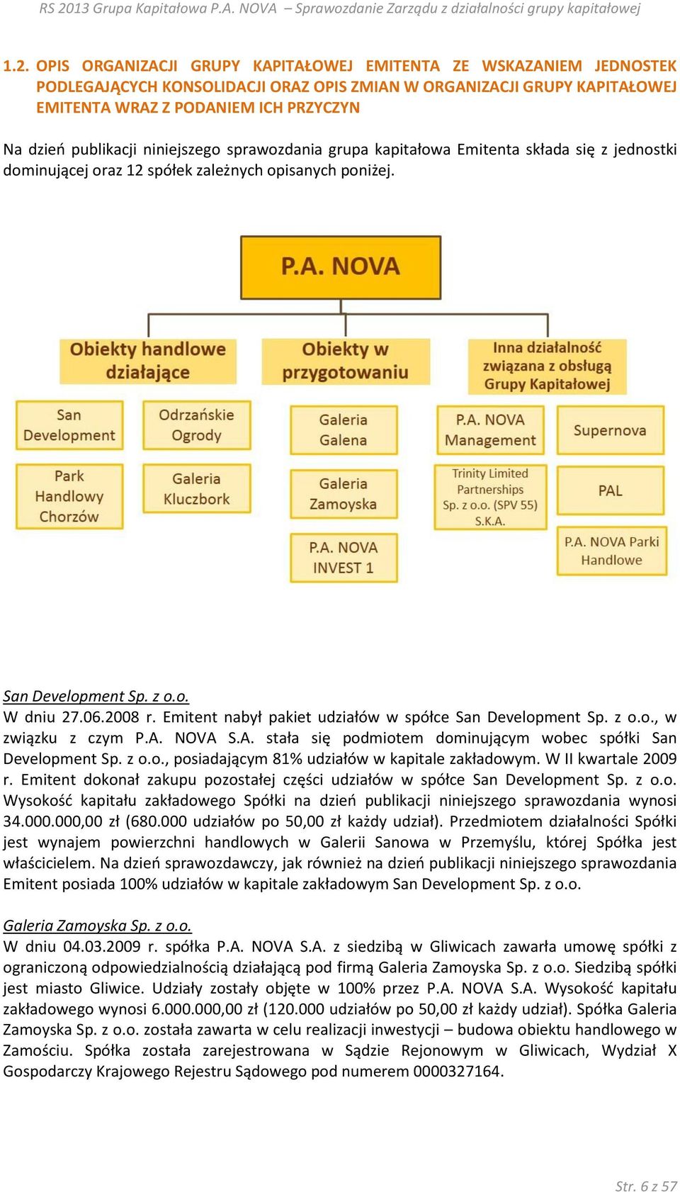 Emitent nabył pakiet udziałów w spółce San Development Sp. z o.o., w związku z czym P.A. NOVA S.A. stała się podmiotem dominującym wobec spółki San Development Sp. z o.o., posiadającym 81% udziałów w kapitale zakładowym.