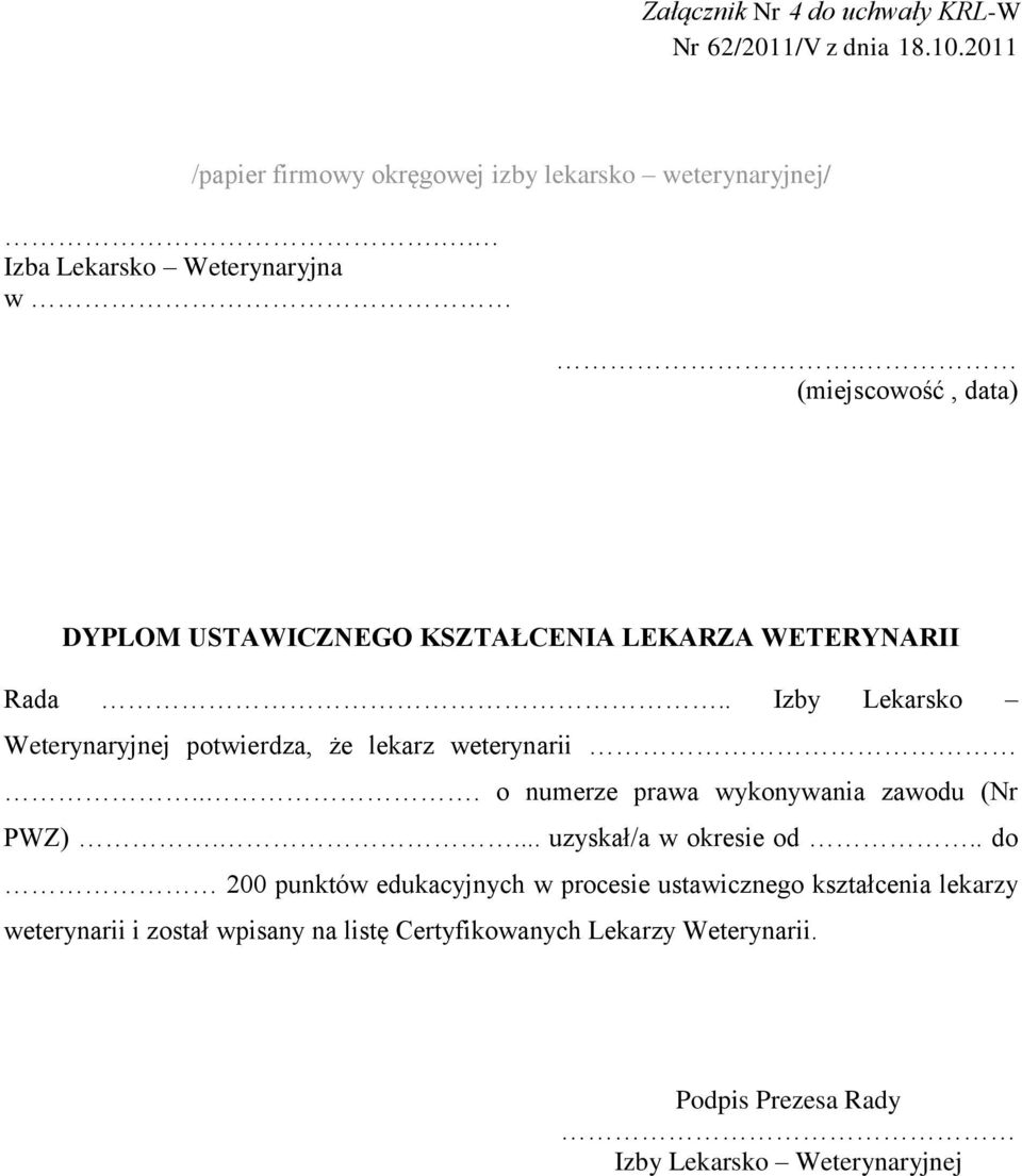 . Izby Lekarsko Weterynaryjnej potwierdza, że lekarz weterynarii... o numerze prawa wykonywania zawodu (Nr PWZ).... uzyskał/a w okresie od.