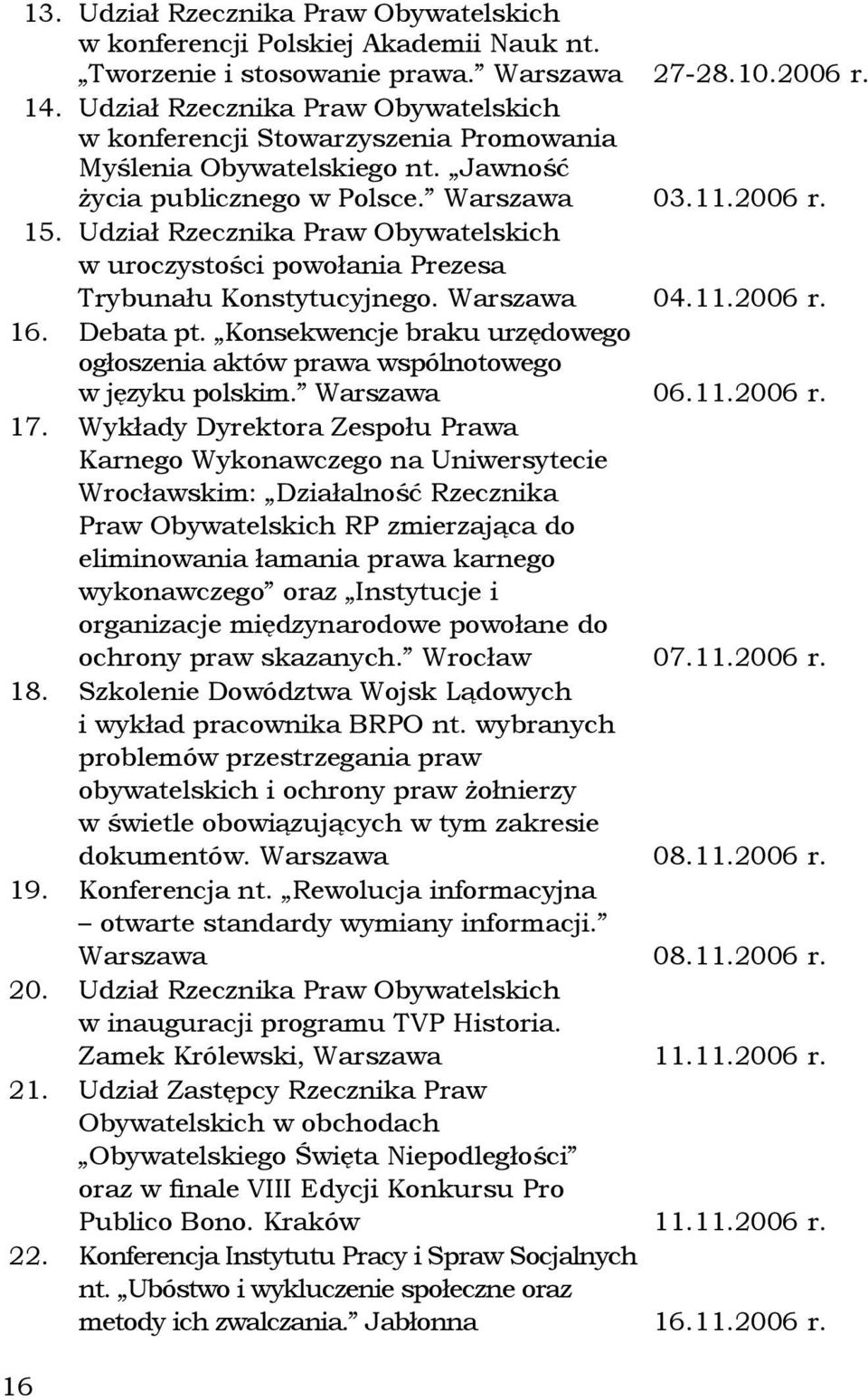 Udział Rzecznika Praw Obywatelskich w uroczystości powołania Prezesa Trybunału Konstytucyjnego. Warszawa 04.11.2006 r. 16. Debata pt.