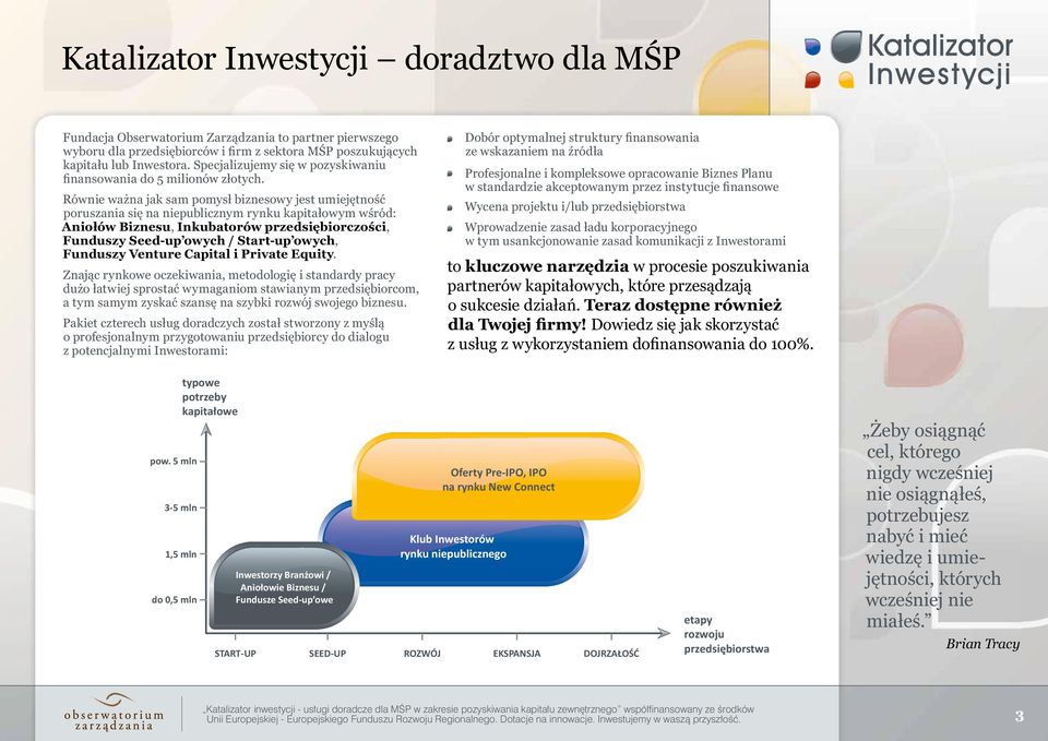 Równie ważna jak sam pomysł biznesowy jest umiejętność poruszania się na niepublicznym rynku kapitałowym wśród: Aniołów Biznesu, Inkubatorów przedsiębiorczości, Funduszy Seed-up owych / Start-up