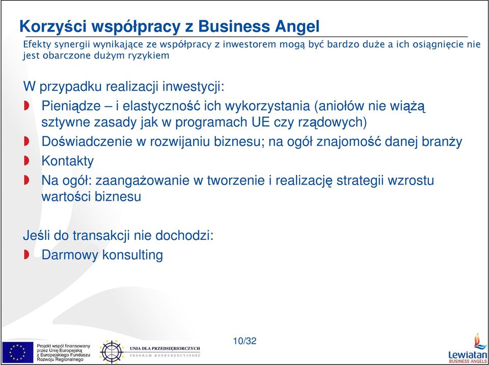 sztywne zasady jak w programach UE czy rządowych) Doświadczenie w rozwijaniu biznesu; na ogół znajomość danej branŝy Kontakty Na