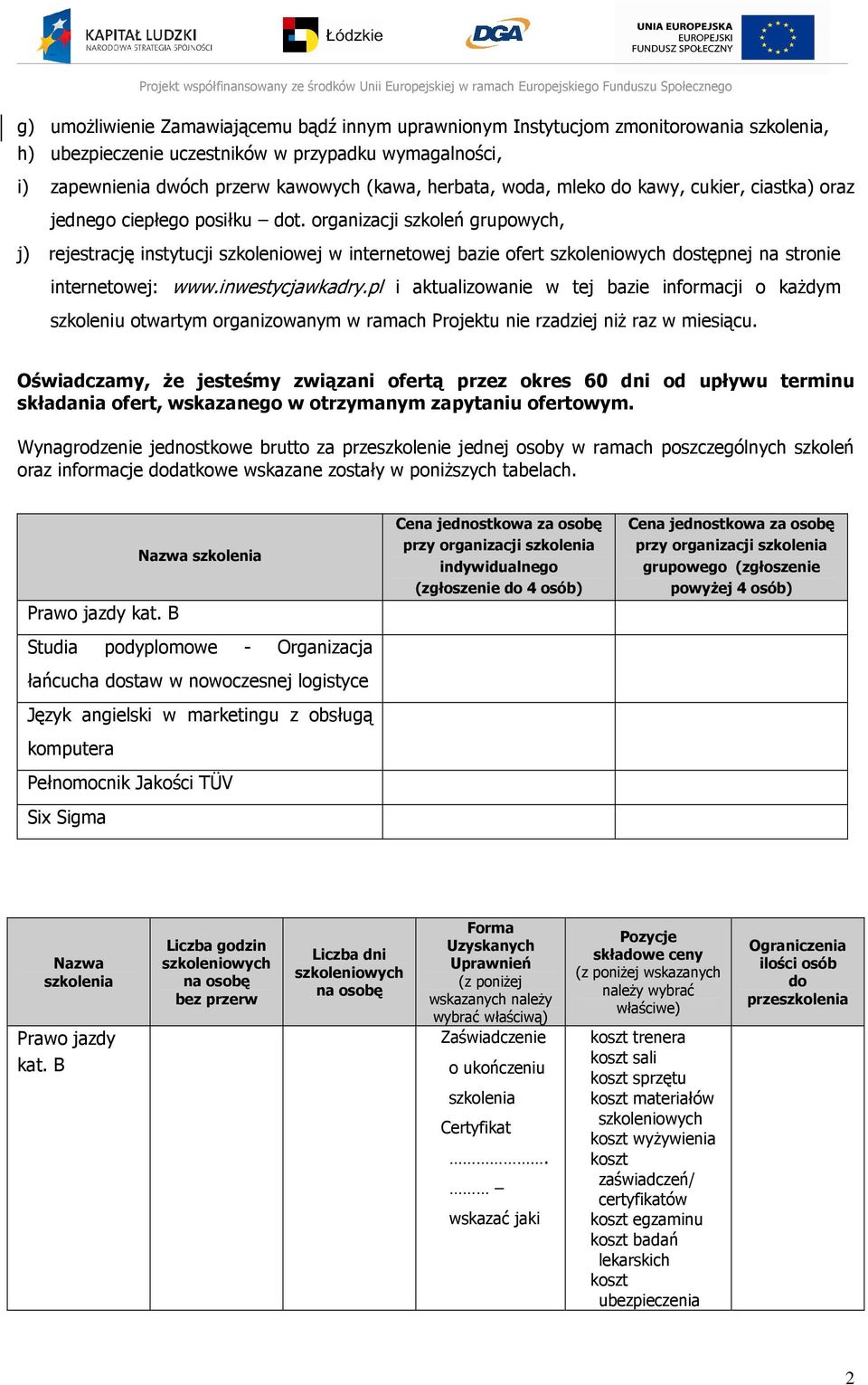 organizacji szkoleń grupowych, j) rejestrację instytucji szkoleniowej w internetowej bazie ofert dostępnej na stronie internetowej: www.inwestycjawkadry.