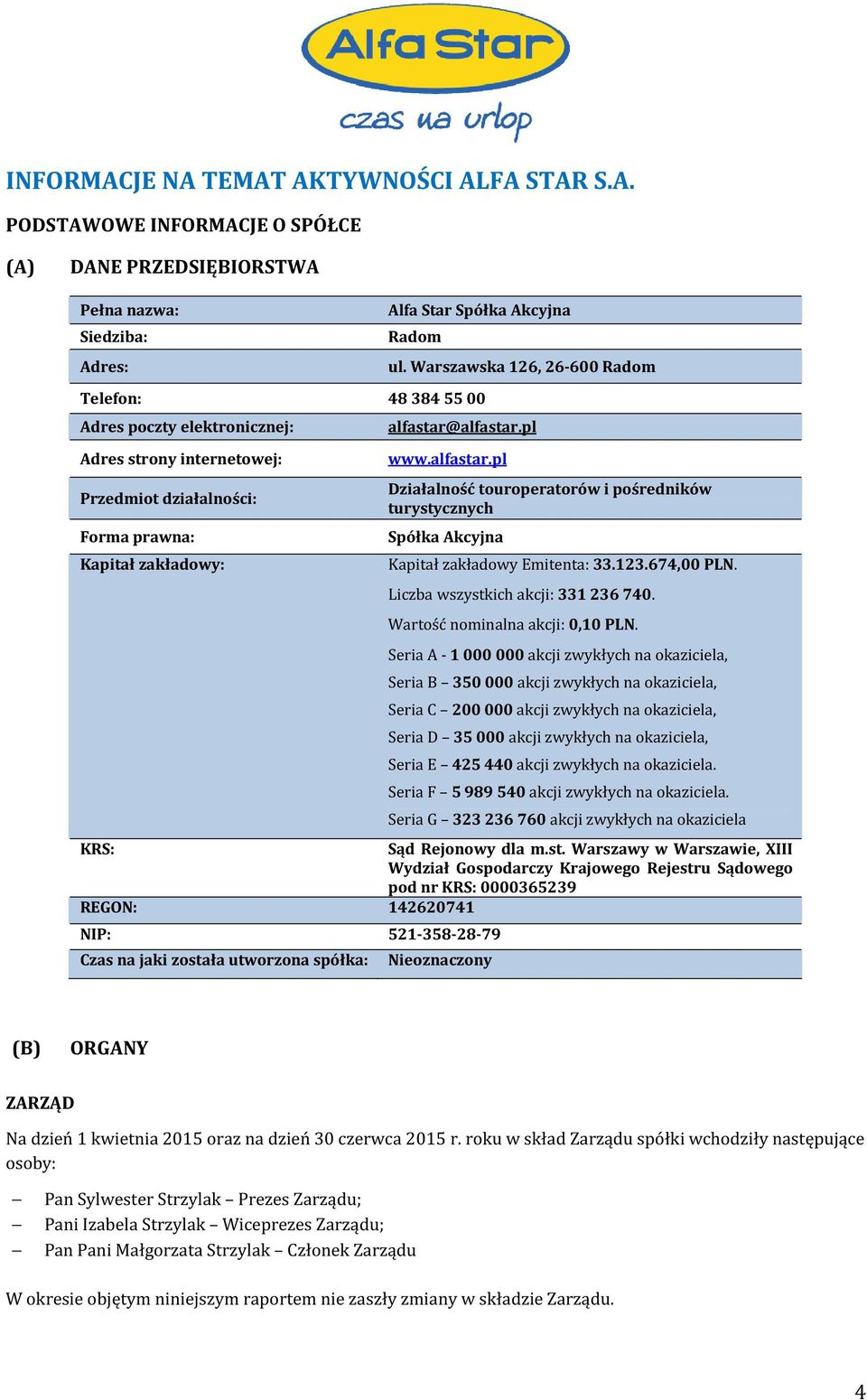 alfastar.pl www.alfastar.pl Działalność touroperatorów i pośredników turystycznych Spółka Akcyjna Kapitał zakładowy Emitenta: 33.123.674,00 PLN. Liczba wszystkich akcji: 331 236 740.