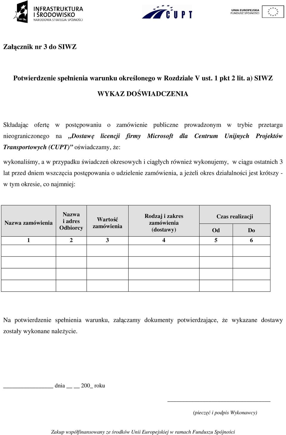 Transportowych (CUPT) oświadczamy, Ŝe: wykonaliśmy, a w przypadku świadczeń okresowych i ciągłych równieŝ wykonujemy, w ciągu ostatnich 3 lat przed dniem wszczęcia postępowania o udzielenie