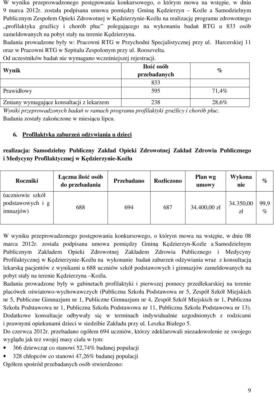 płuc polegającego na wykonaniu badań RTG u 833 osób zameldowanych na pobyt stały na terenie Kędzierzyna. Badania prowadzone były w: Pracowni RTG w Przychodni Specjalistycznej przy ul.