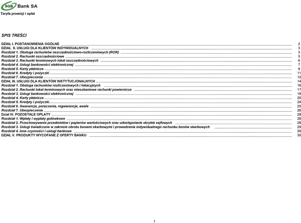 Kredyty i pożyczki 11 Rozdział 7. Ubezpieczenia 12 DZIAŁ III. USŁUGI DLA KLIENTÓW INSTYTUCJONALNYCH 14 Rozdział 1. Obsługa rachunków rozliczeniowych i lokacyjnych 16 Rozdział 2.