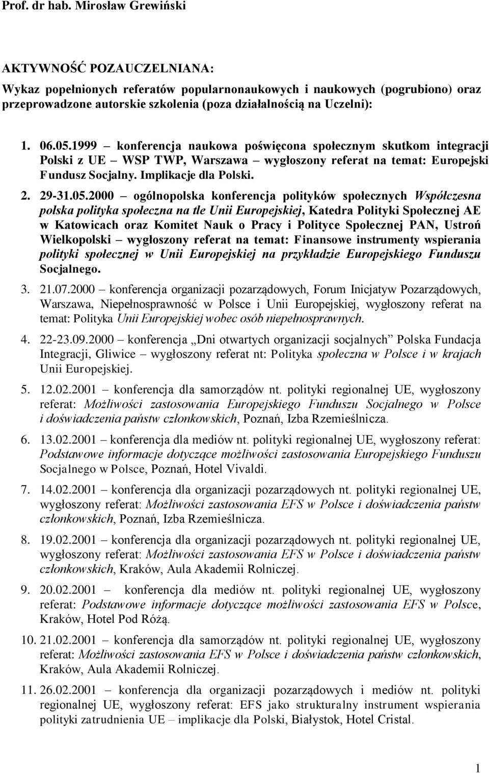 1999 konferencja naukowa poświęcona społecznym skutkom integracji Polski z UE WSP TWP, Warszawa wygłoszony referat na temat: Europejski Fundusz Socjalny. Implikacje dla Polski. 2. 29-31.05.