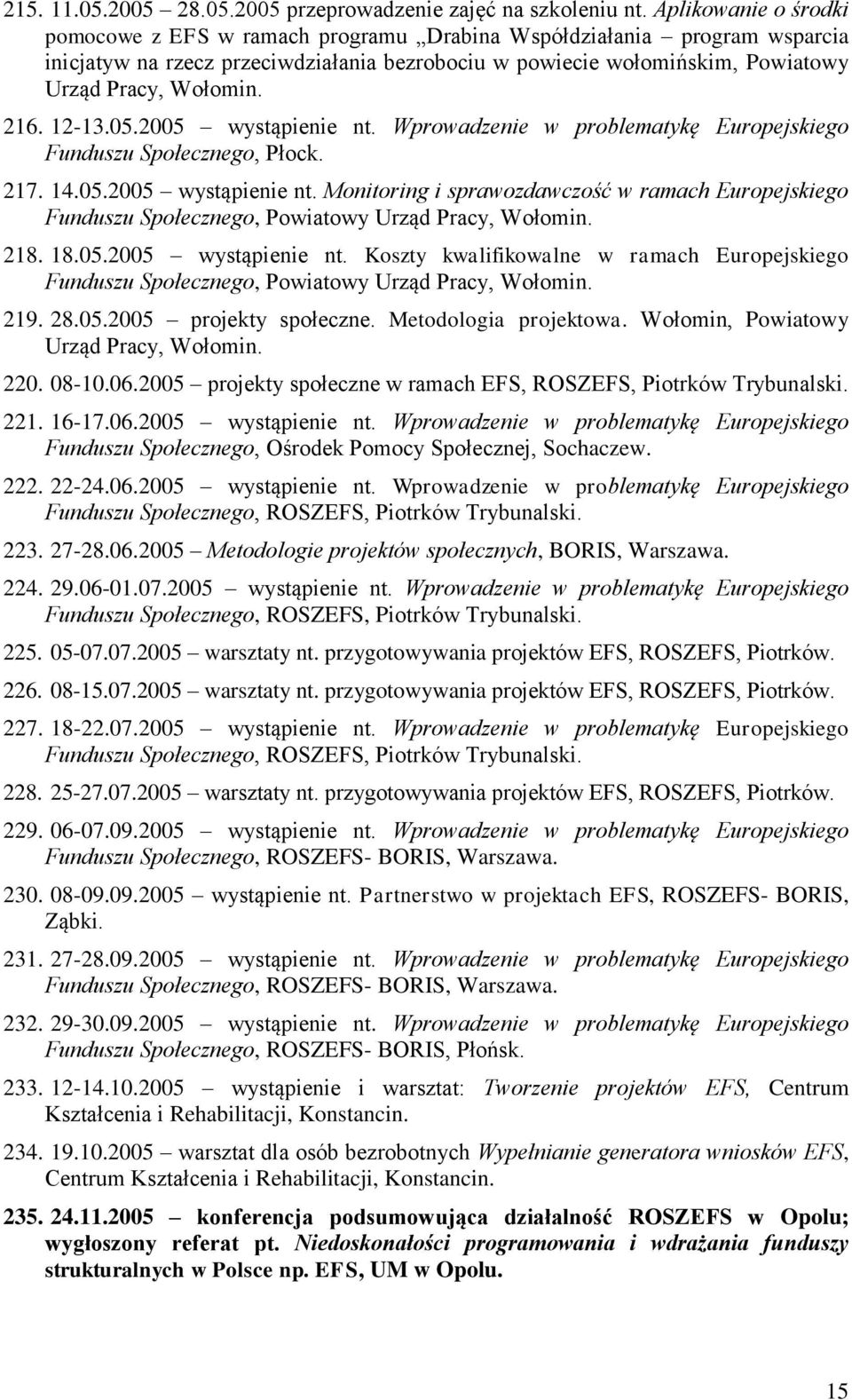 216. 12-13.05.2005 wystąpienie nt. Wprowadzenie w problematykę Europejskiego Funduszu Społecznego, Płock. 217. 14.05.2005 wystąpienie nt. Monitoring i sprawozdawczość w ramach Europejskiego Funduszu Społecznego, Powiatowy Urząd Pracy, Wołomin.