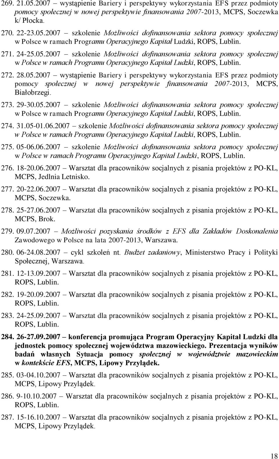 273. 29-30.05.2007 szkolenie Możliwości dofinansowania sektora pomocy społecznej w Polsce w ramach Programu Operacyjnego Kapitał Ludzki, ROPS, Lublin. 274. 31.05-01.06.