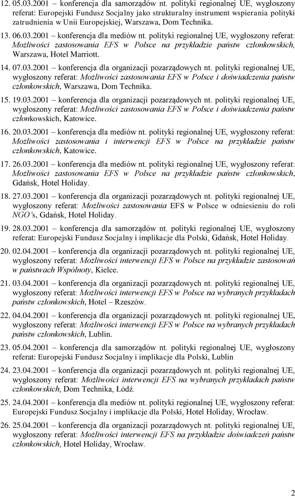 2001 konferencja dla mediów nt. polityki regionalnej UE, wygłoszony referat: Możliwości zastosowania EFS w Polsce na przykładzie państw członkowskich, Warszawa, Hotel Marriott. 14. 07.03.