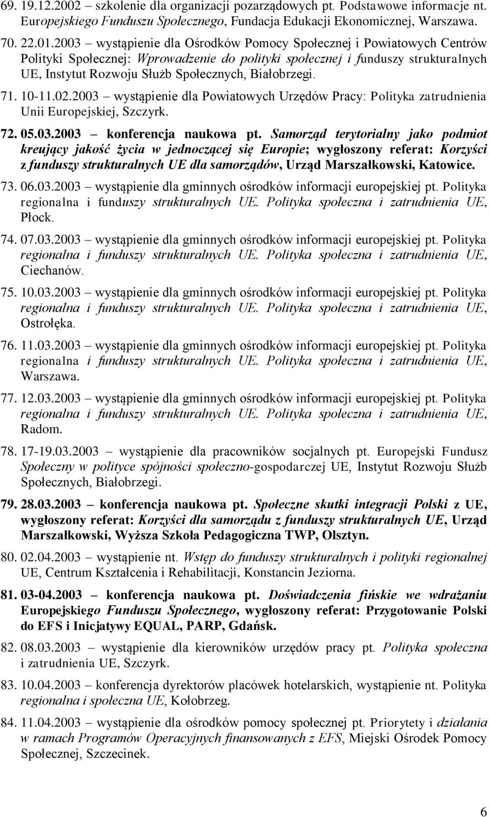 Białobrzegi. 71. 10-11.02.2003 wystąpienie dla Powiatowych Urzędów Pracy: Polityka zatrudnienia Unii Europejskiej, Szczyrk. 72. 05.03.2003 konferencja naukowa pt.