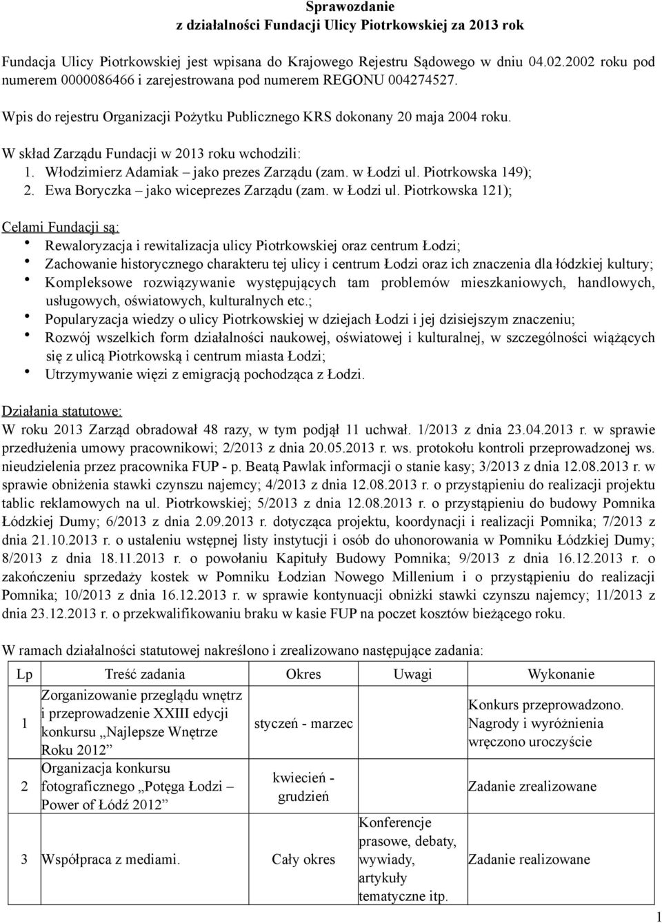 W skład Zarządu Fundacji w 2013 roku wchodzili: 1. Włodzimierz Adamiak jako prezes Zarządu (zam. w Łodzi ul.