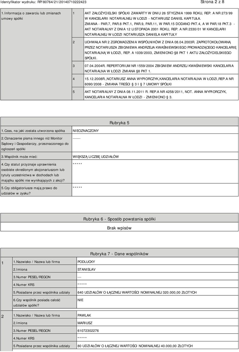 3 - AKT NOTARIALNY Z DNIA 12 LISTOPADA 2001 ROKU, REP. A NR 2330/01 W KANCELARII NOTARIALNEJ W ŁODZI NOTARIUSZA DALA KAPITUŁY 2 UCHWAŁA NR 2 ZGROMADZENIA WSPÓLNIKÓW Z DNIA 08.04.2003R.