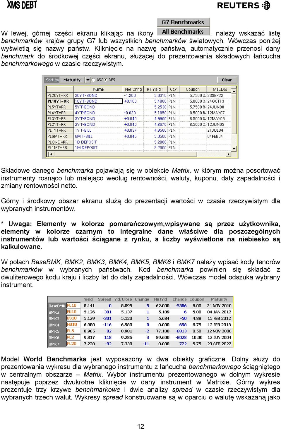 Składowe danego benchmarka pojawiają się w obiekcie Matrix, w którym można posortować instrumenty rosnąco lub malejąco według rentowności, waluty, kuponu, daty zapadalności i zmiany rentowności netto.