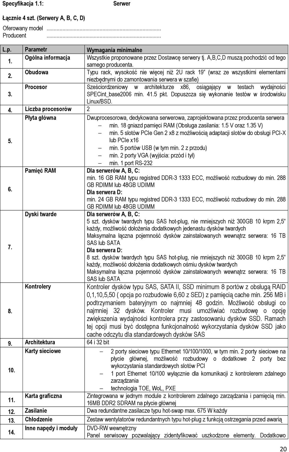 Obudowa Typu rack, wysokość nie więcej niŝ 2U rack 19 (wraz ze wszystkimi elementami niezbędnymi do zamontowania serwera w szafie) Procesor Sześciordzeniowy w architekturze x86, osiągający w testach