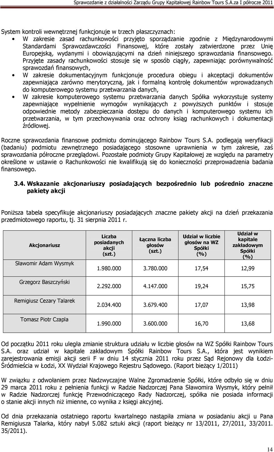 Przyjęte zasady rachunkowości stosuje się w sposób ciągły, zapewniając porównywalność sprawozdań finansowych, W zakresie dokumentacyjnym funkcjonuje procedura obiegu i akceptacji dokumentów