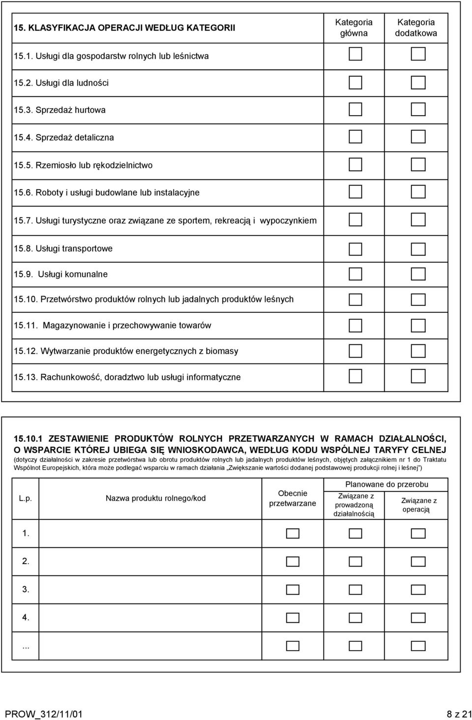 Usługi transportowe 15.9. Usługi komunalne 15.10. Przetwórstwo produktów rolnych lub jadalnych produktów leśnych 15.11. Magazynowanie i przechowywanie towarów 15.12.