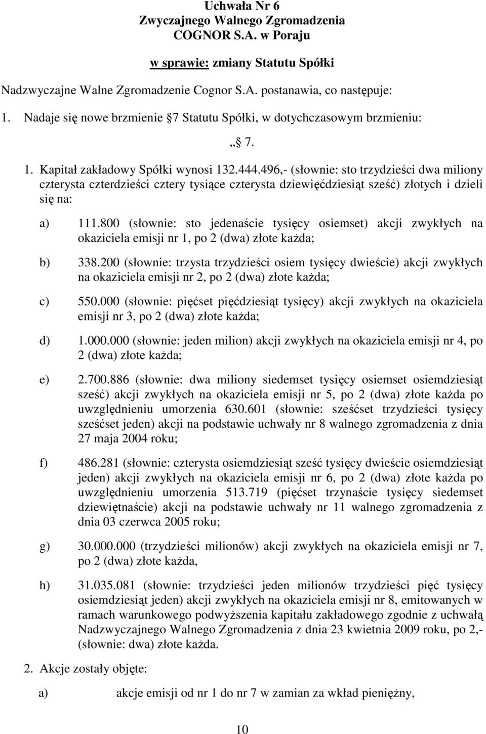 496,- (słownie: sto trzydzieści dwa miliony czterysta czterdzieści cztery tysiące czterysta dziewięćdziesiąt sześć) złotych i dzieli się na: a) 111.