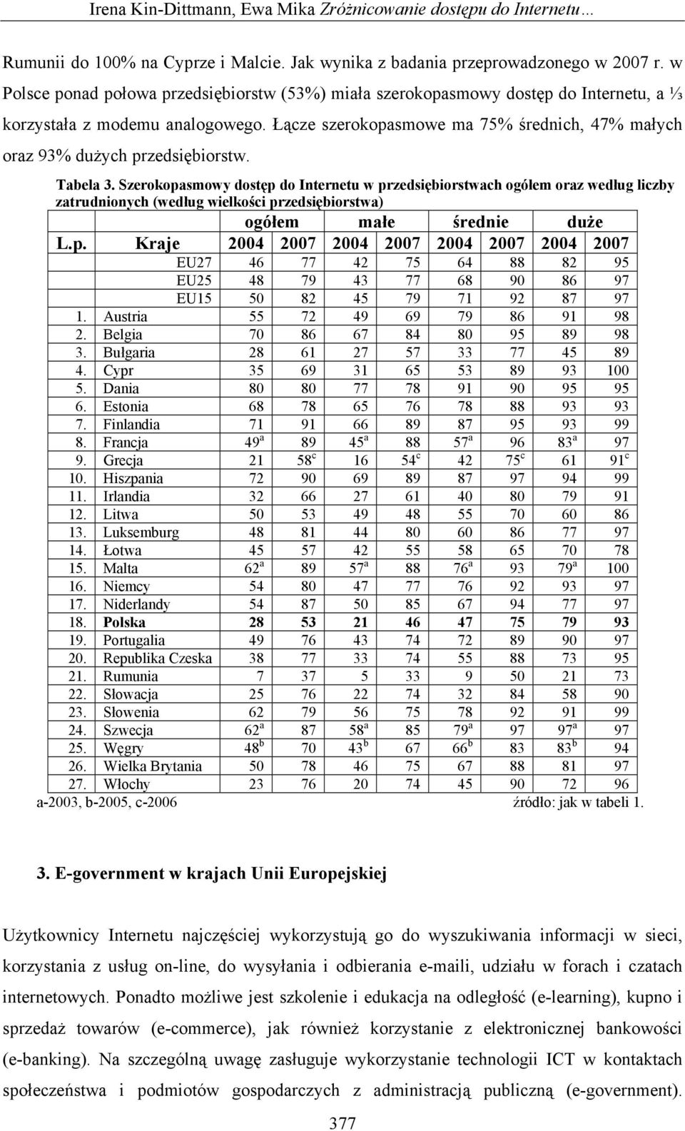 Łącze szerokopasmowe ma 75% średnich, 47% małych oraz 93% dużych przedsiębiorstw. Tabela 3.