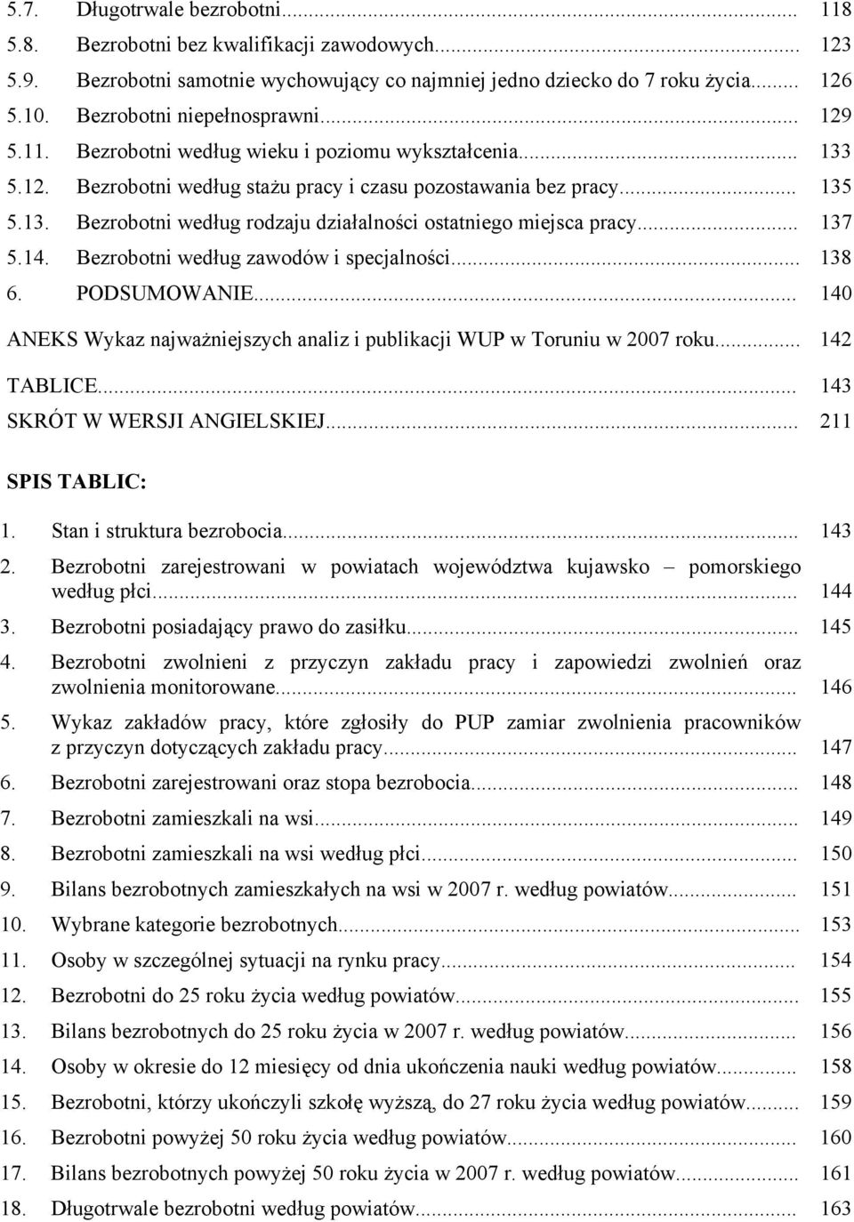 .. 137 5.14. Bezrobotni według zawodów i specjalności... 138 6. PODSUMOWANIE... 140 ANEKS Wykaz najważniejszych analiz i publikacji WUP w Toruniu w 2007 roku... 142 TABLICE.