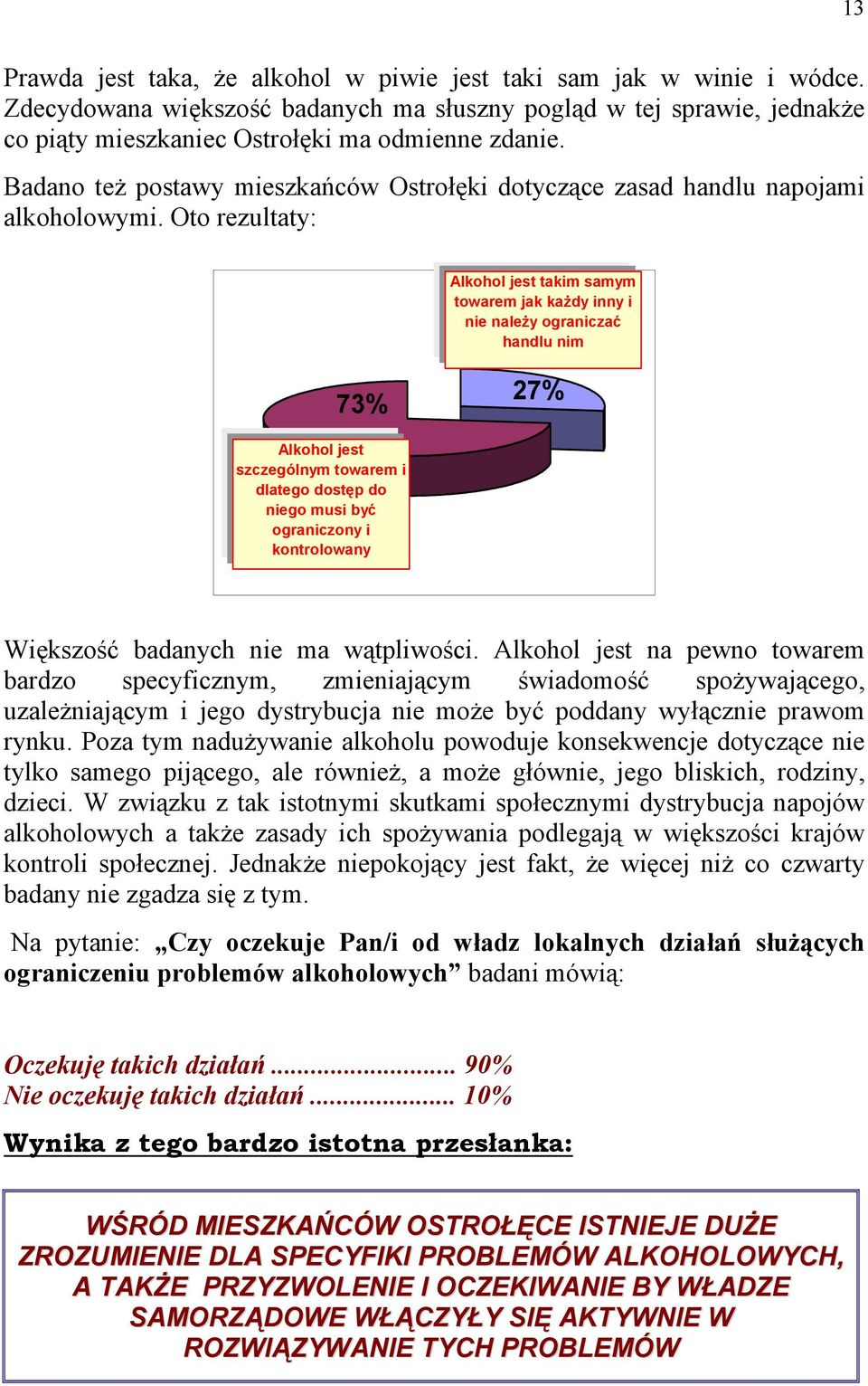 Oto rezultaty: Alkohol jest takim samym towarem jak każdy inny i nie należy ograniczać handlu nim 73% 27% Alkohol jest szczególnym towarem i dlatego dostęp do niego musi być ograniczony i