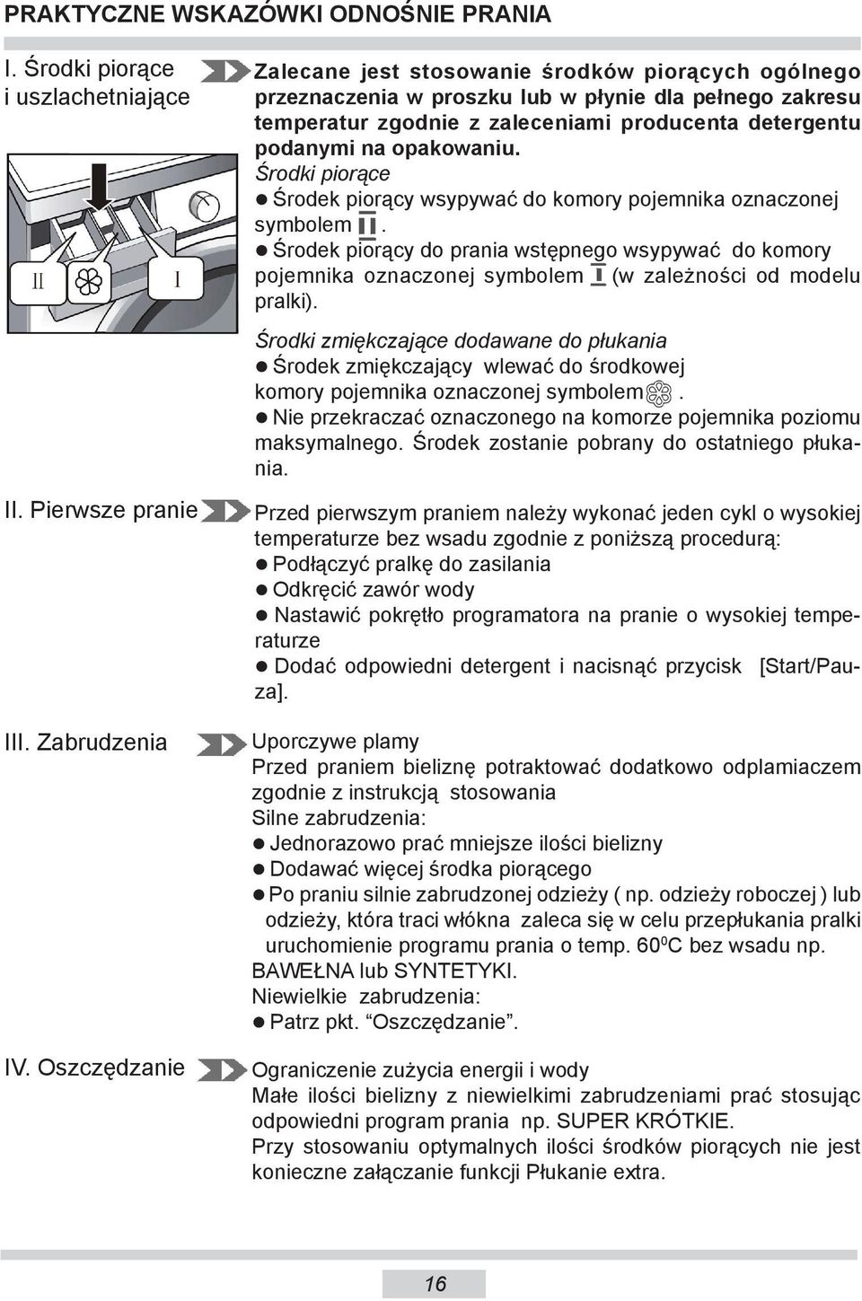 Środki piorące Środek piorący wsypywać do komory po jem ni ka ozna czo nej sym bo lem.