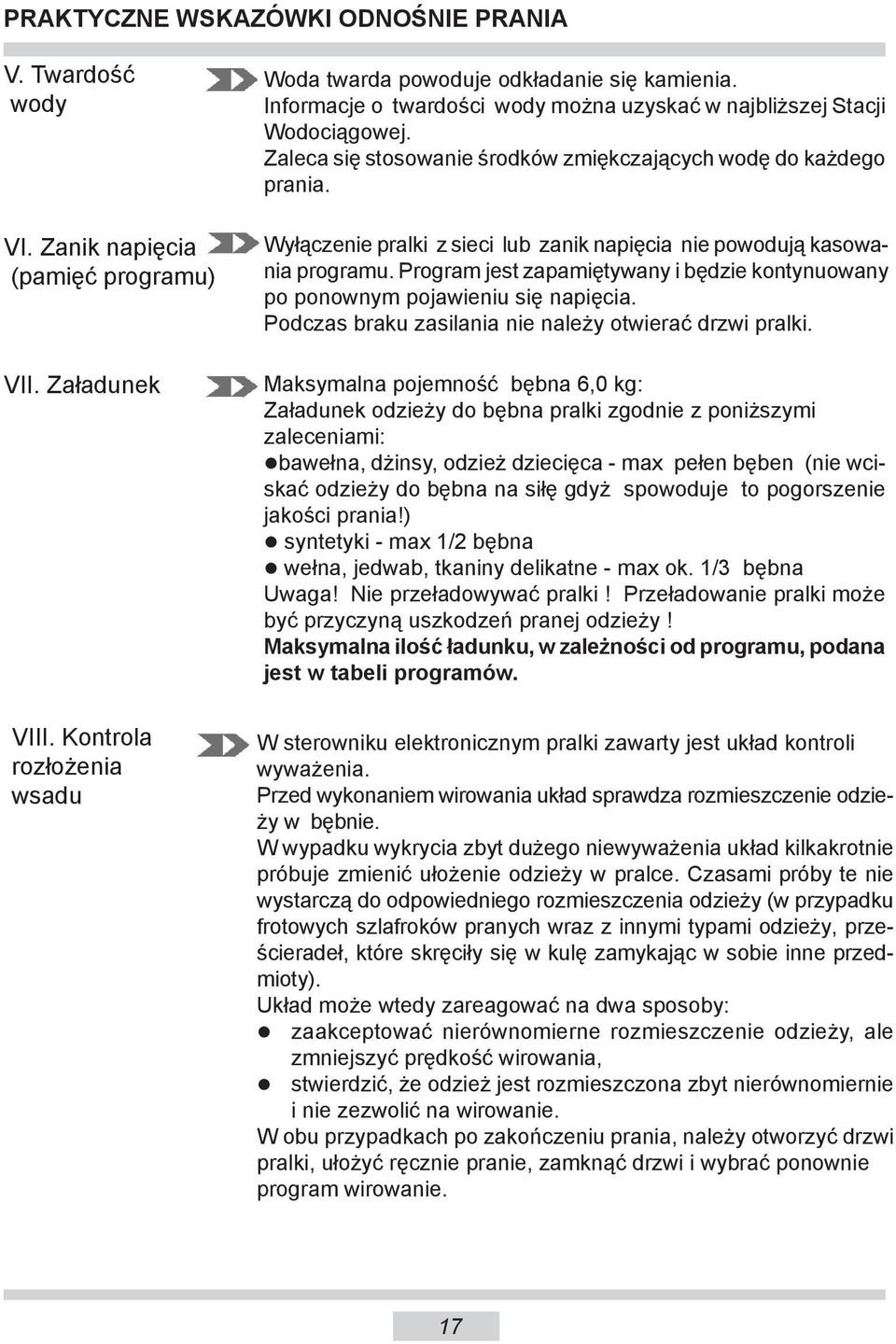 Wyłączenie pralki z sieci lub zanik napięcia nie powodują kasowania programu. Program jest za pa mię ty wa ny i będzie kontynuowany po po now nym pojawieniu się napięcia.