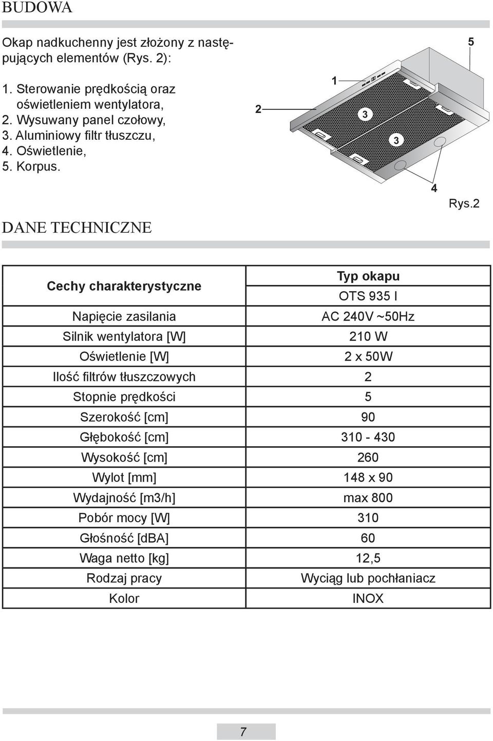 2 DANE TECHNICZNE Cechy charakterystyczne Typ okapu OTS 935 I Napięcie zasilania AC 240V ~50Hz Silnik wentylatora [W] 210 W Oświetlenie [W] 2 x 50W Ilość