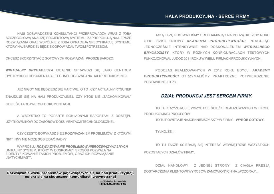 TAK TEZÊ POSTAWILIŒMY URUCHAMIAJ C NA POCZ TKU 2012 ROKU CYKL SZKOLENIOWY AKADEMIA PRODUKTYWNOŒCI, PRACUJ C JEDNOCZEŒNIE INTENSYWNIE NAD DOSKONALENIEM WITRUALNEGO BRYGADZISTY, KTÓRY W RÓ NYCH