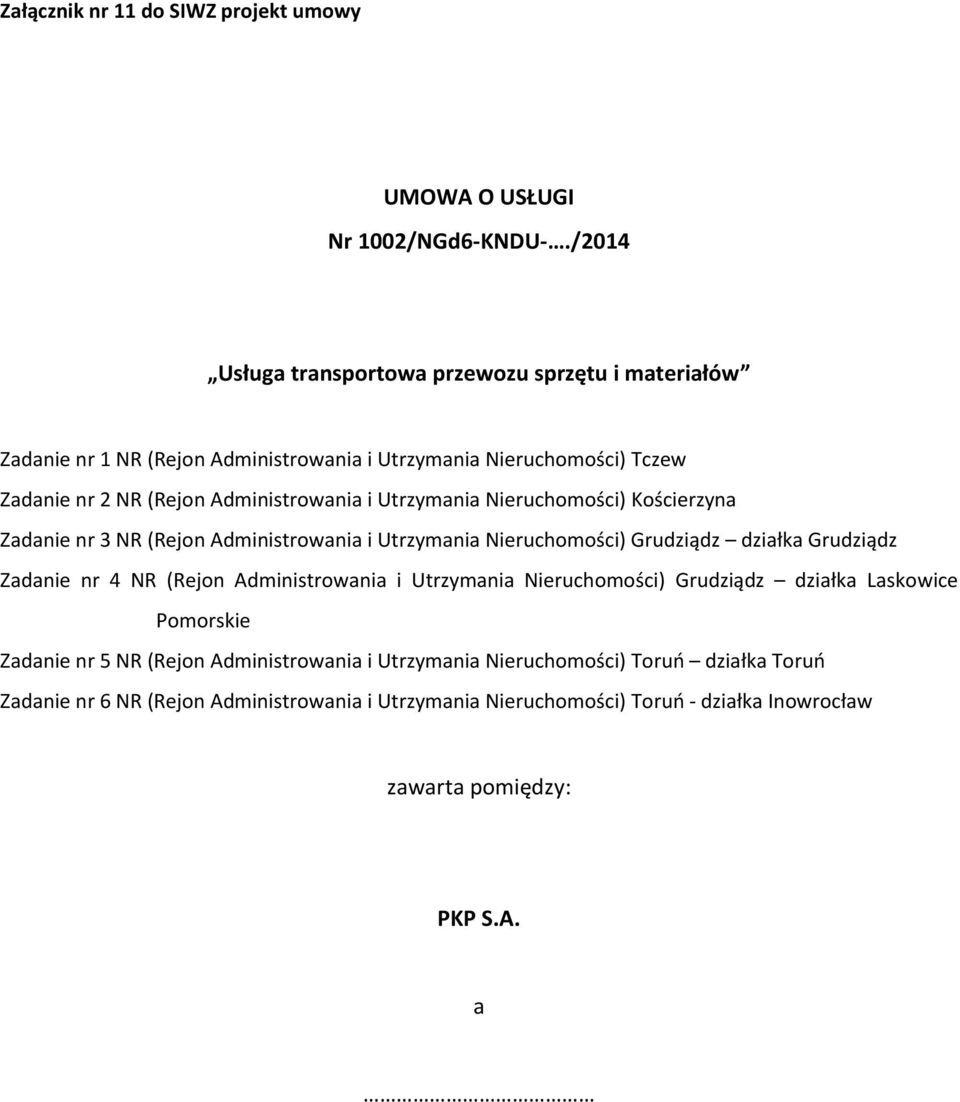 Utrzymania Nieruchomości) Kościerzyna Zadanie nr 3 NR (Rejon Administrowania i Utrzymania Nieruchomości) Grudziądz działka Grudziądz Zadanie nr 4 NR (Rejon Administrowania