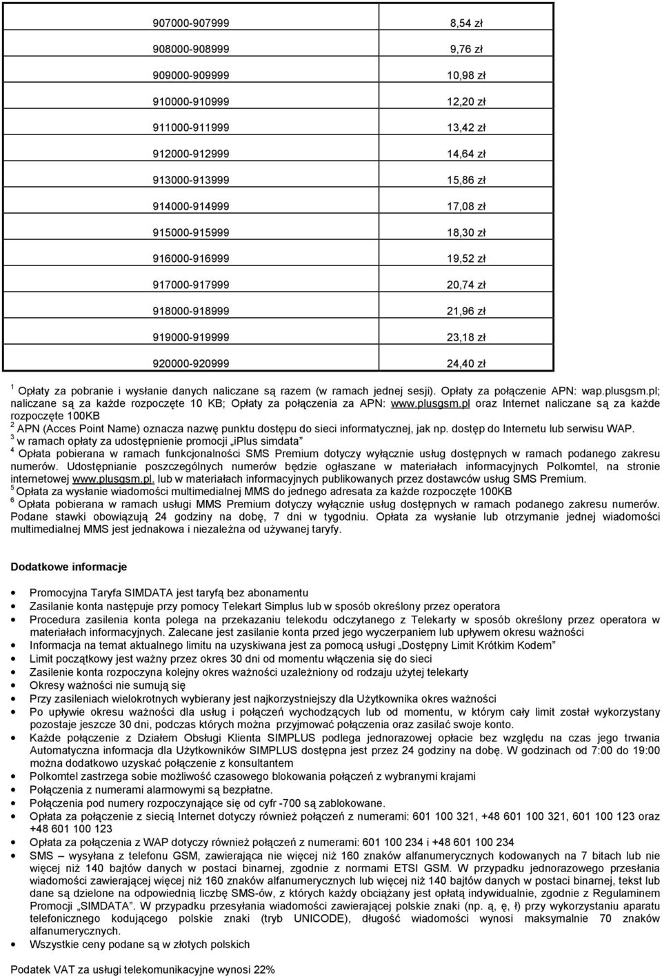 sesji). Opłaty za połączenie APN: wap.plusgsm.pl; naliczane są za każde rozpoczęte 10 KB; Opłaty za połączenia za APN: www.plusgsm.pl oraz Internet naliczane są za każde rozpoczęte 100KB 2 APN (Acces Point Name) oznacza nazwę punktu dostępu do sieci informatycznej, jak np.