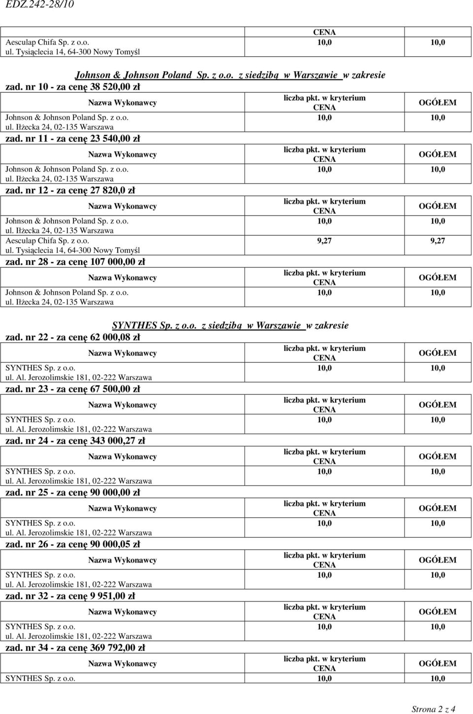 nr 22 - za cenę 62 000,08 zł zad. nr 23 - za cenę 67 500,00 zł zad. nr 24 - za cenę 343 000,27 zł zad.