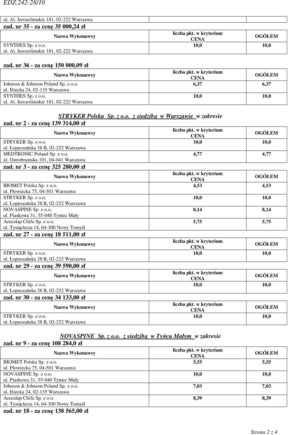 nr 27 - za cenę 18 511,00 zł zad. nr 29 - za cenę 39 590,00 zł zad.