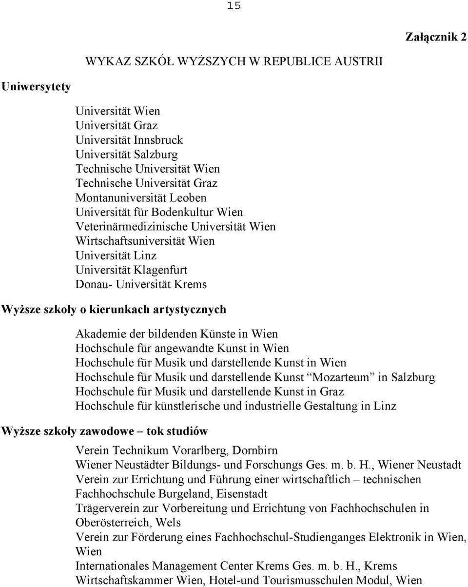 Wyższe szkoły o kierunkach artystycznych Akademie der bildenden Künste in Wien Hochschule für angewandte Kunst in Wien Hochschule für Musik und darstellende Kunst in Wien Hochschule für Musik und