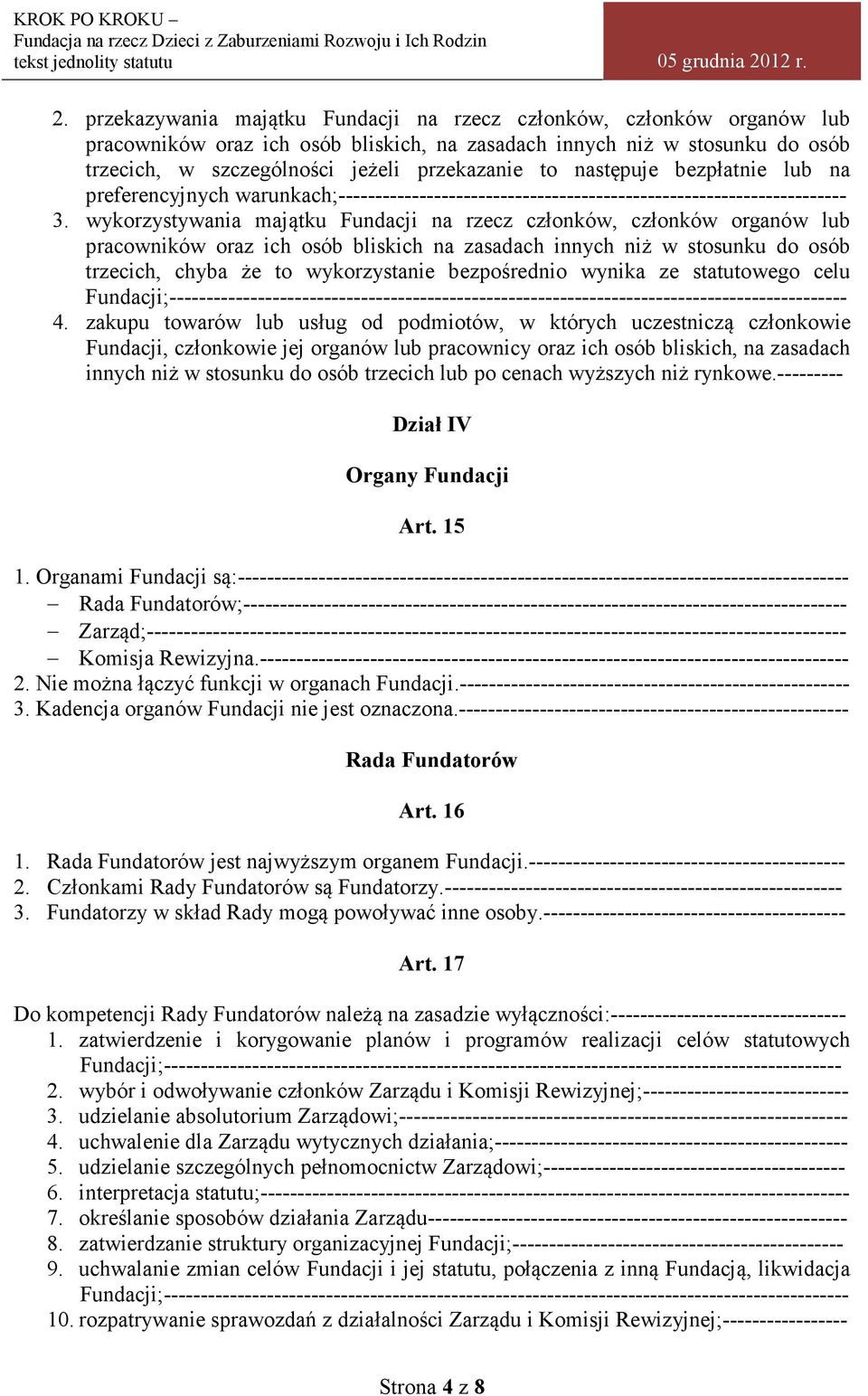 wykorzystywania majątku Fundacji na rzecz członków, członków organów lub pracowników oraz ich osób bliskich na zasadach innych niż w stosunku do osób trzecich, chyba że to wykorzystanie bezpośrednio