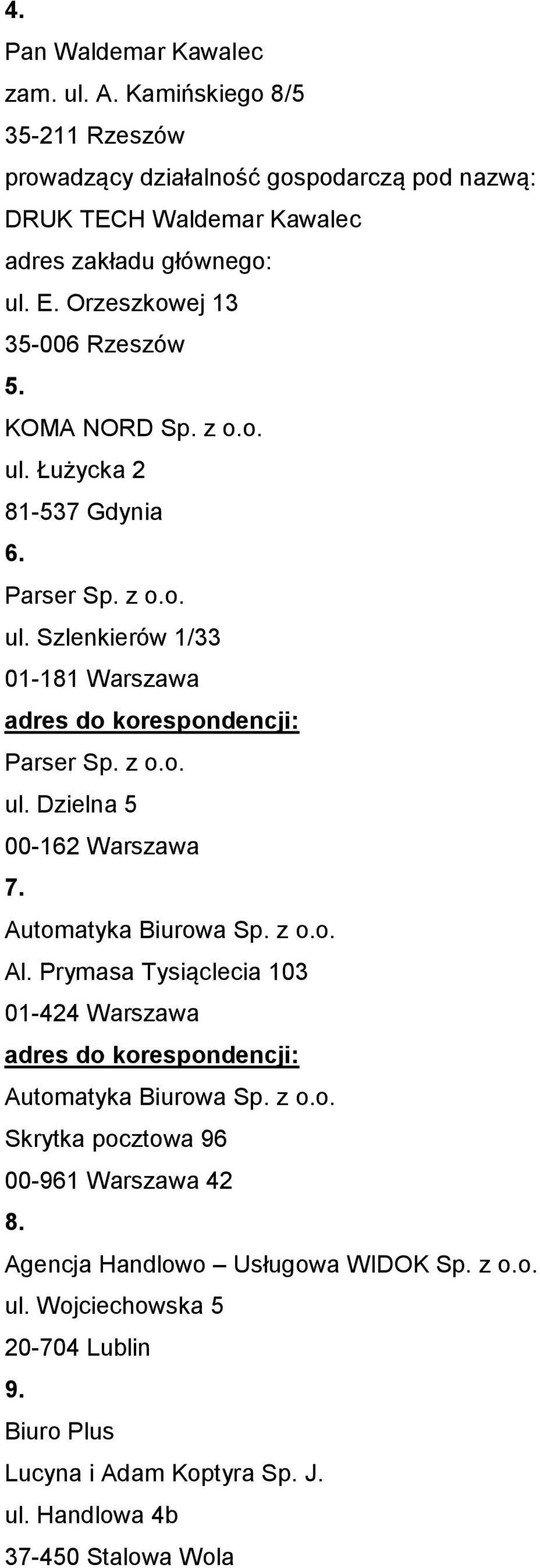 Automatyka Biurowa Sp. z o.o. Al. Prymasa Tysiąclecia 103 01-424 Warszawa Automatyka Biurowa Sp. z o.o. Skrytka pocztowa 96 00-961 Warszawa 42 8.