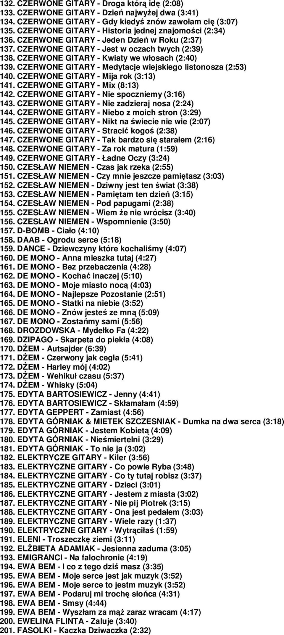 CZERWONE GITARY - Kwiaty we włosach (2:40) 139. CZERWONE GITARY - Medytacje wiejskiego listonosza (2:53) 140. CZERWONE GITARY - Mija rok (3:13) 141. CZERWONE GITARY - Mix (8:13) 142.