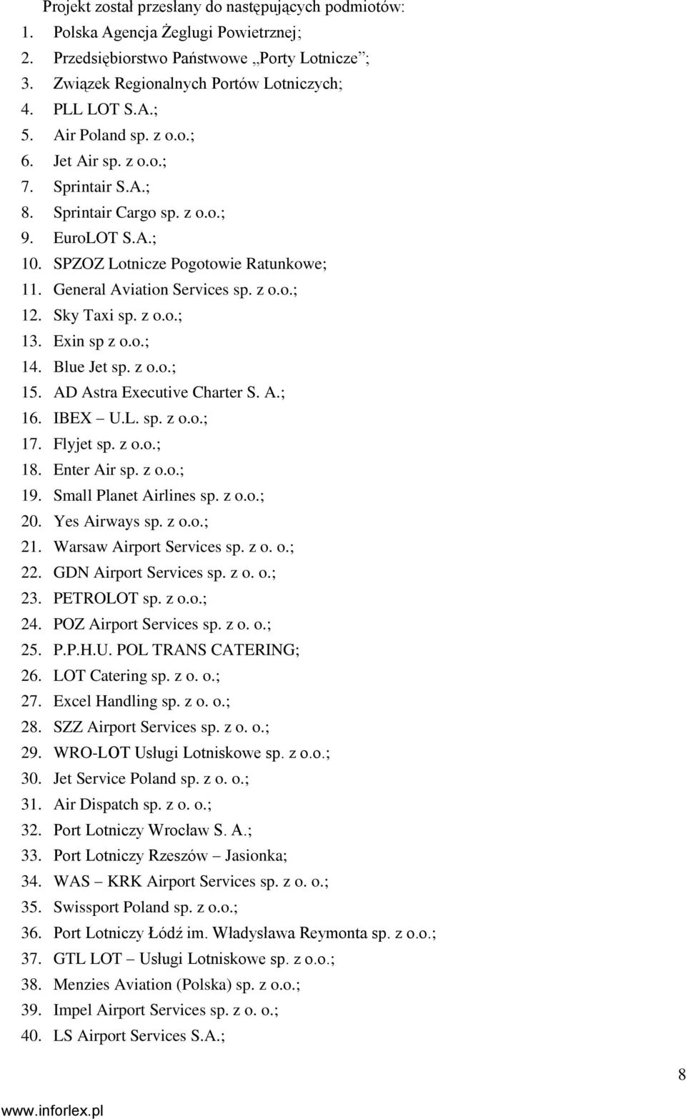 Sky Taxi sp. z o.o.; 13. Exin sp z o.o.; 14. Blue Jet sp. z o.o.; 15. AD Astra Executive Charter S. A.; 16. IBEX U.L. sp. z o.o.; 17. Flyjet sp. z o.o.; 18. Enter Air sp. z o.o.; 19.