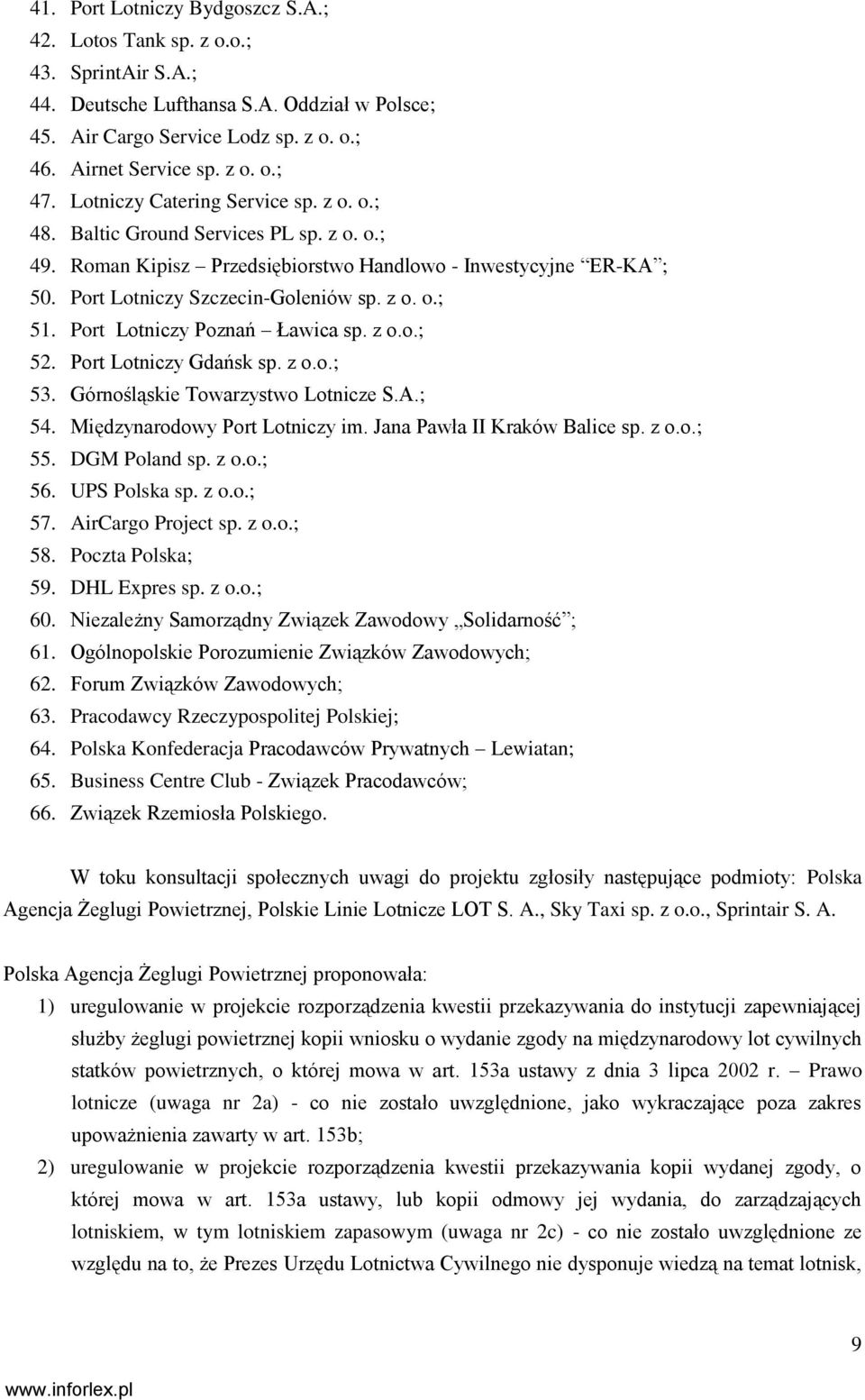 Port Lotniczy Poznań Ławica sp. z o.o.; 52. Port Lotniczy Gdańsk sp. z o.o.; 53. Górnośląskie Towarzystwo Lotnicze S.A.; 54. Międzynarodowy Port Lotniczy im. Jana Pawła II Kraków Balice sp. z o.o.; 55.