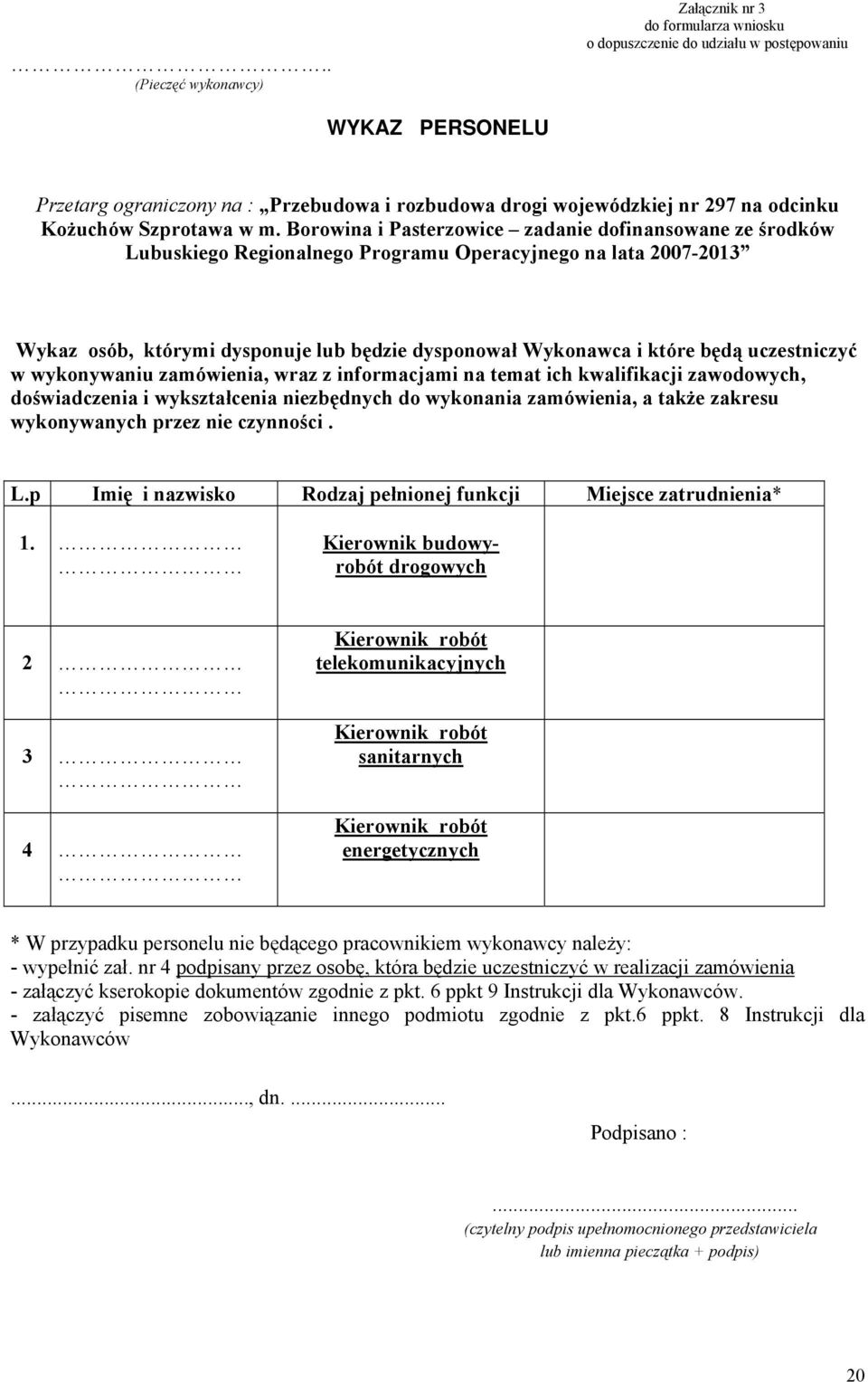 Borowina i Pasterzowice zadanie dofinansowane ze środków Lubuskiego Regionalnego Programu Operacyjnego na lata 2007-2013 Wykaz osób, którymi dysponuje lub będzie dysponował Wykonawca i które będą
