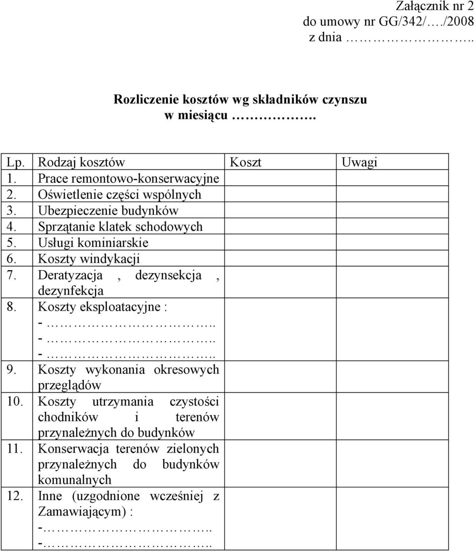 Koszty windykacji 7. Deratyzacja, dezynsekcja, dezynfekcja 8. Koszty eksploatacyjne : -.. -.. -.. 9. Koszty wykonania okresowych przeglądów 10.