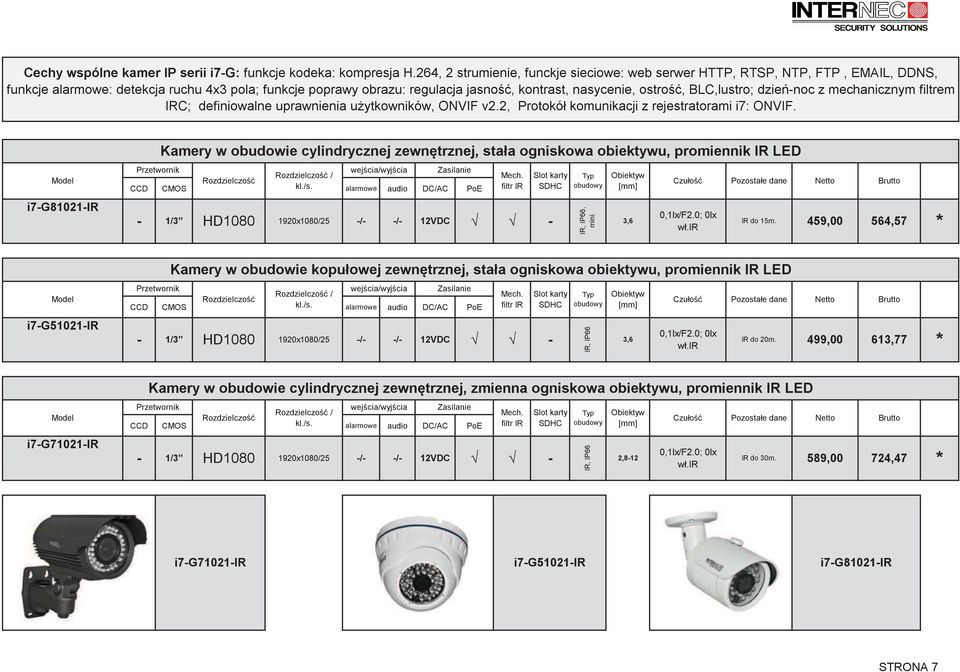 BLC,lustro; dienoc mechanicnym filtrem IRC; definiowalne uprawnienia uytkowników, ONVIF v2.2, Protokół komunikacji rejestratorami i7: ONVIF.