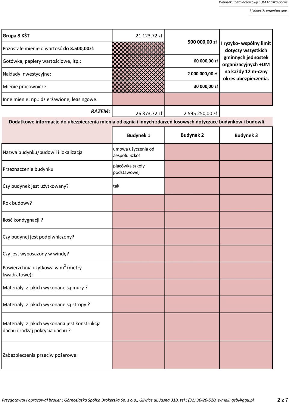 30 000,00 zł RAZEM: 26 373,72 zł 2 595 250,00 zł Dodatkowe informacje do ubezpieczenia mienia od ognia i innych zdarzeń losowych dotyczace budynków i budowli.