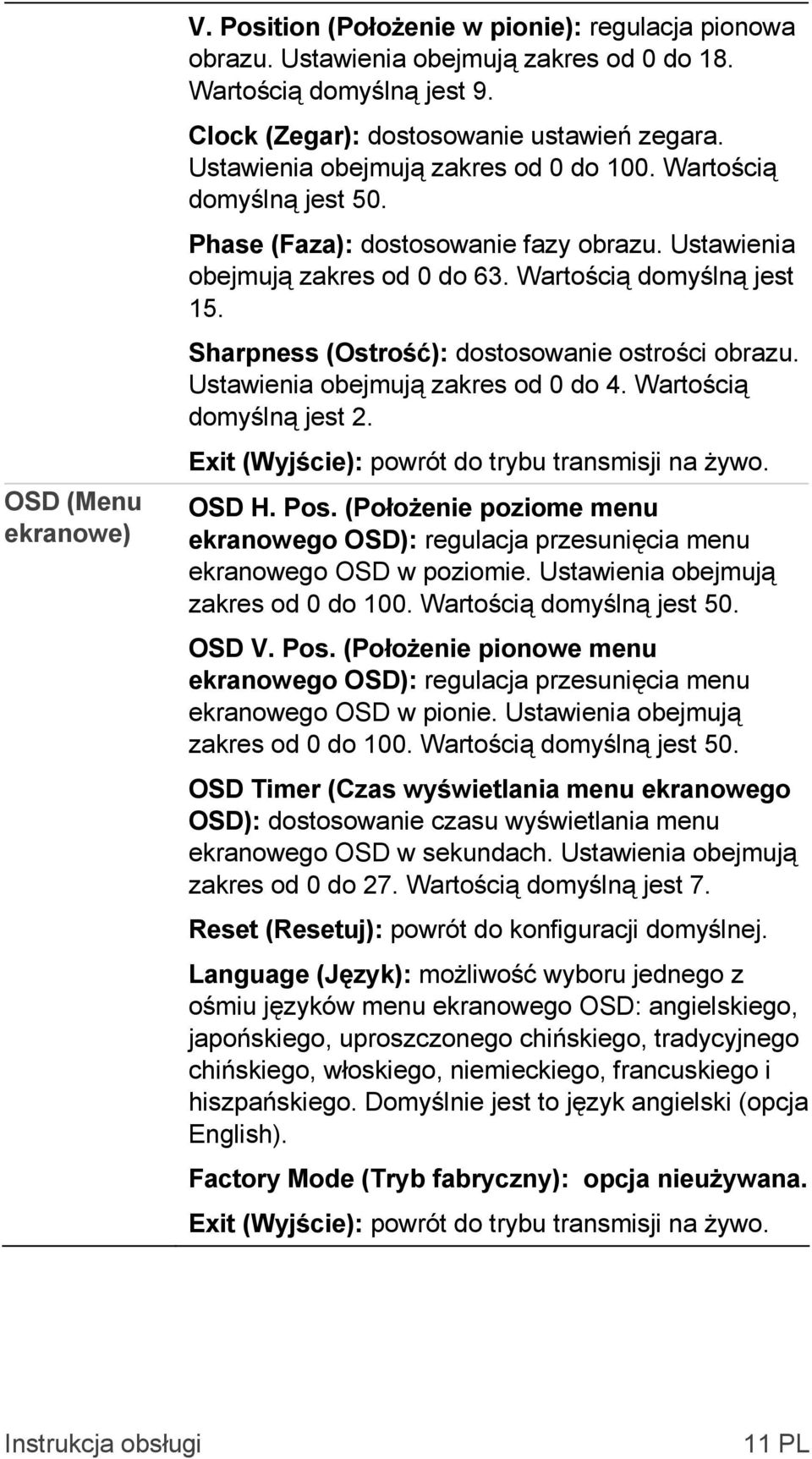 Sharpness (Ostrość): dostosowanie ostrości obrazu. Ustawienia obejmują zakres od 0 do 4. Wartością domyślną jest 2. Exit (Wyjście): powrót do trybu transmisji na żywo. OSD H. Pos.