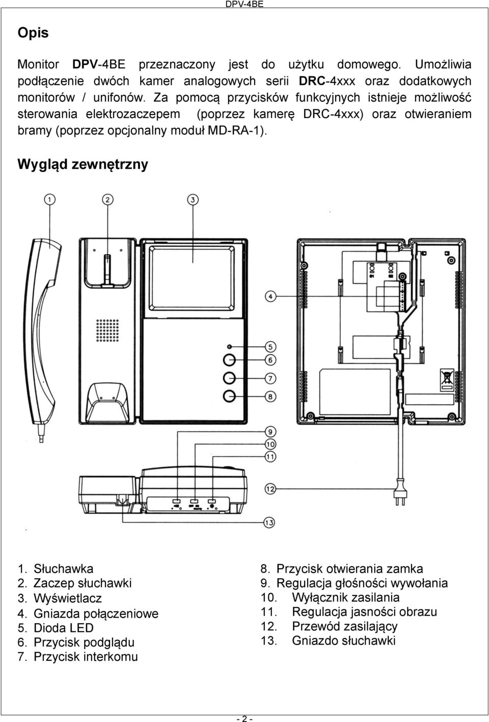 MD-RA-1). Wygląd zewnętrzny 1. Słuchawka 2. Zaczep słuchawki 3. Wyświetlacz 4. Gniazda połączeniowe 5. Dioda LED 6. Przycisk podglądu 7. Przycisk interkomu 8.