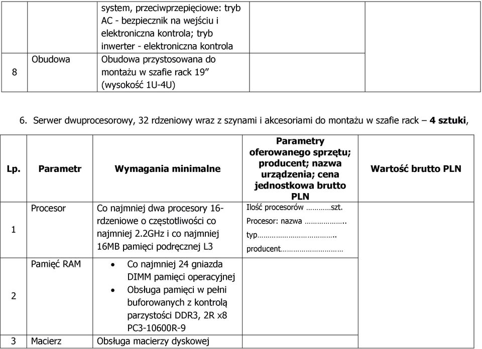 Parametr Wymagania minimalne 1 Procesor Co najmniej dwa procesory 16- rdzeniowe o częstotliwości co najmniej 2.