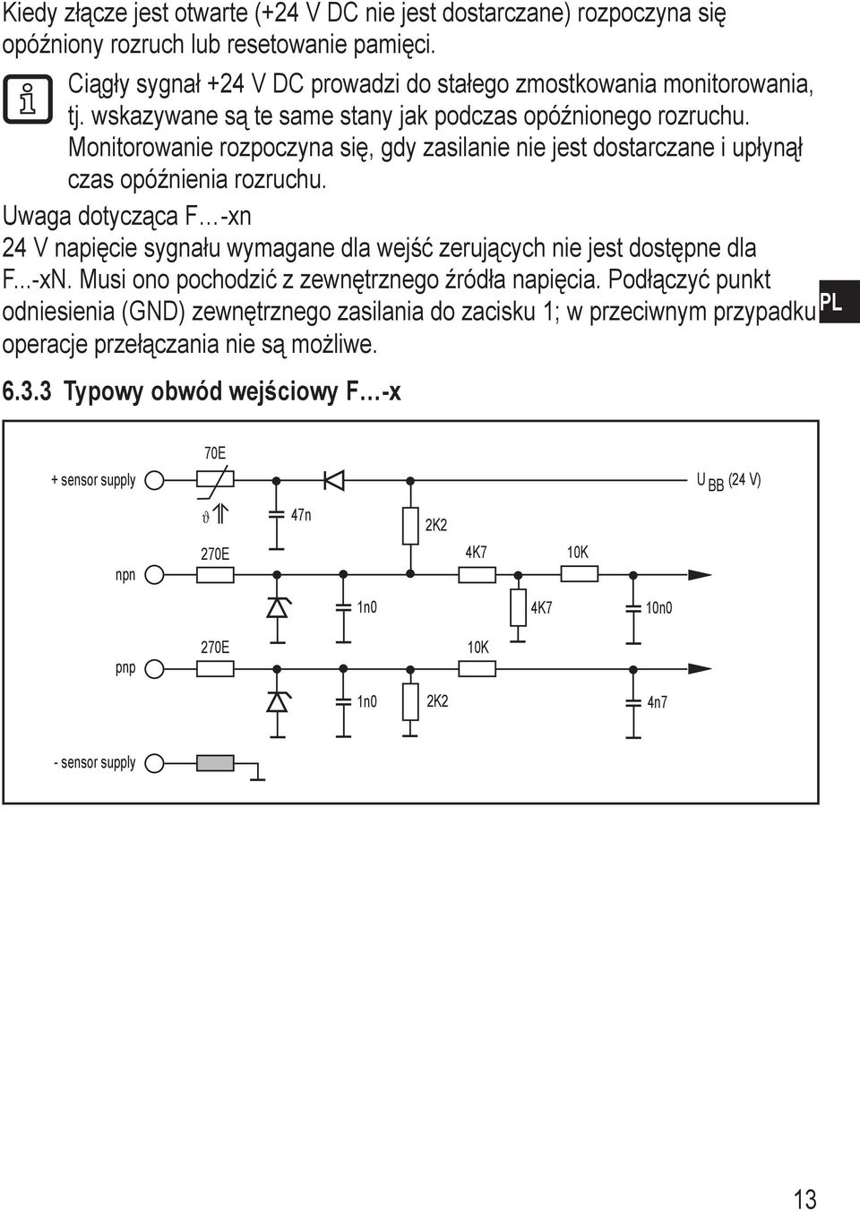 Uwaga dotycząca F -xn 24 V napięcie sygnału wymagane dla wejść zerujących nie jest dostępne dla F...-xN. Musi ono pochodzić z zewnętrznego źródła napięcia.