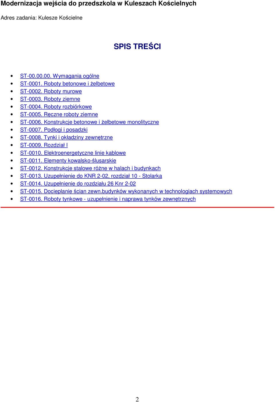 Tynki i okładziny zewnętrzne ST-0009. Rozdział I ST-0010. Elektroenergetyczne linie kablowe ST-0011. Elementy kowalsko-ślusarskie ST-0012. Konstrukcje stalowe różne w halach i budynkach ST-0013.