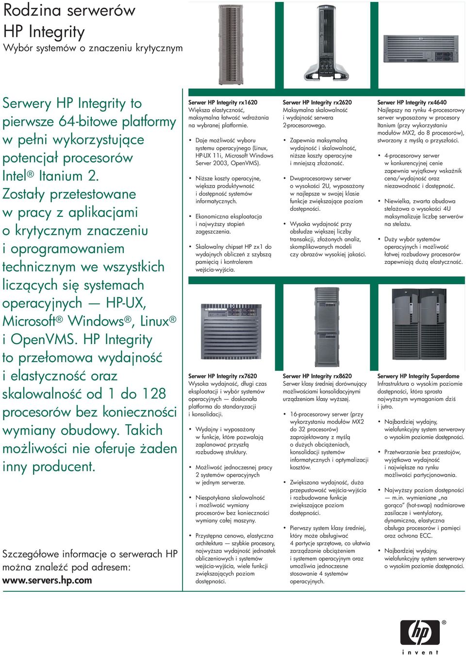 HP Integrity to przełomowa wydajno ć i elastyczno ć oraz skalowalno ć od 1 do 128 procesorów bez konieczno ci wymiany obudowy. Takich mo liwo ci nie oferuje aden inny producent.